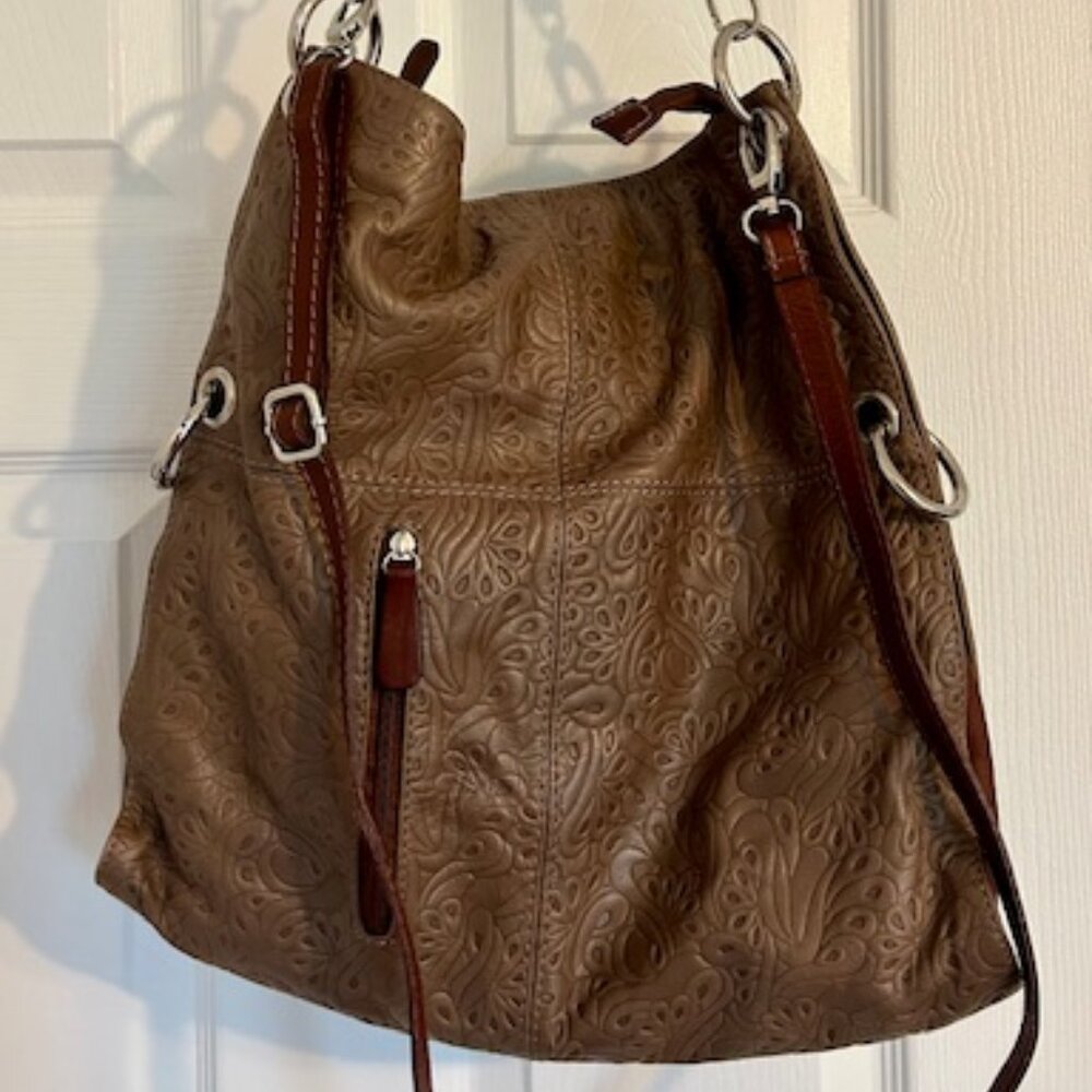 I Ponti Firenze Leather Embossed Adjustable Handbag Purse EUC Brown
